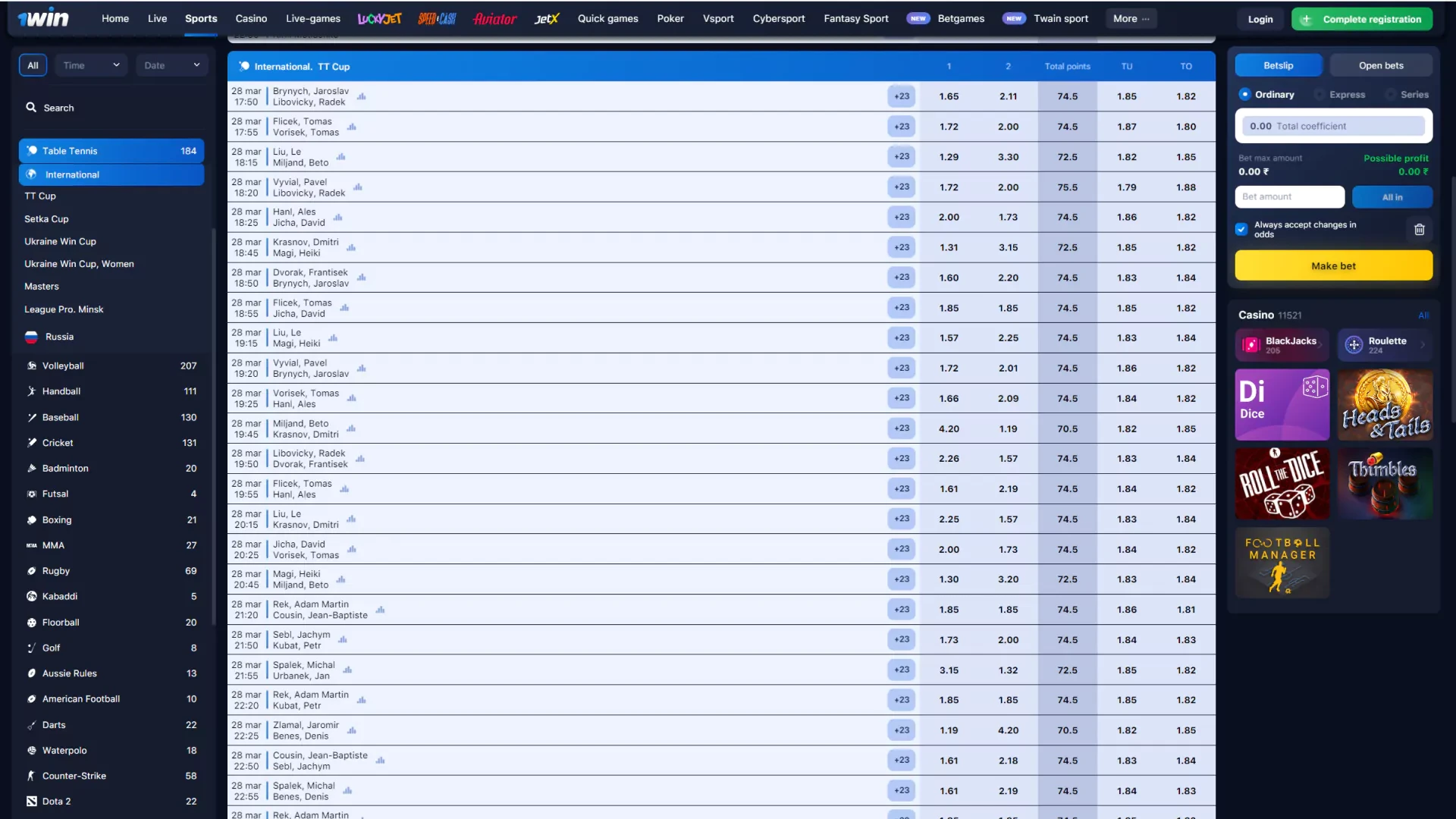 Choose the section where you can bet on table tennis.